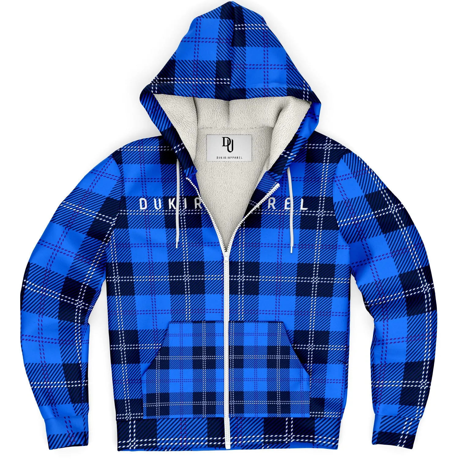 Microfleece Blue Zip-up Hoodie Plaid Pattern