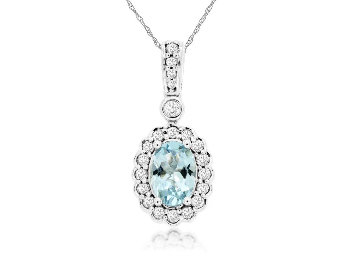 Oval Aquamarine and Diamond Halo Pendant