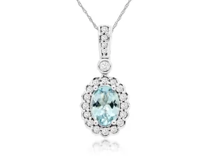 Oval Aquamarine and Diamond Halo Pendant
