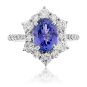 Oval Cut Tanzanite and Diamond Classic Halo Style Ring