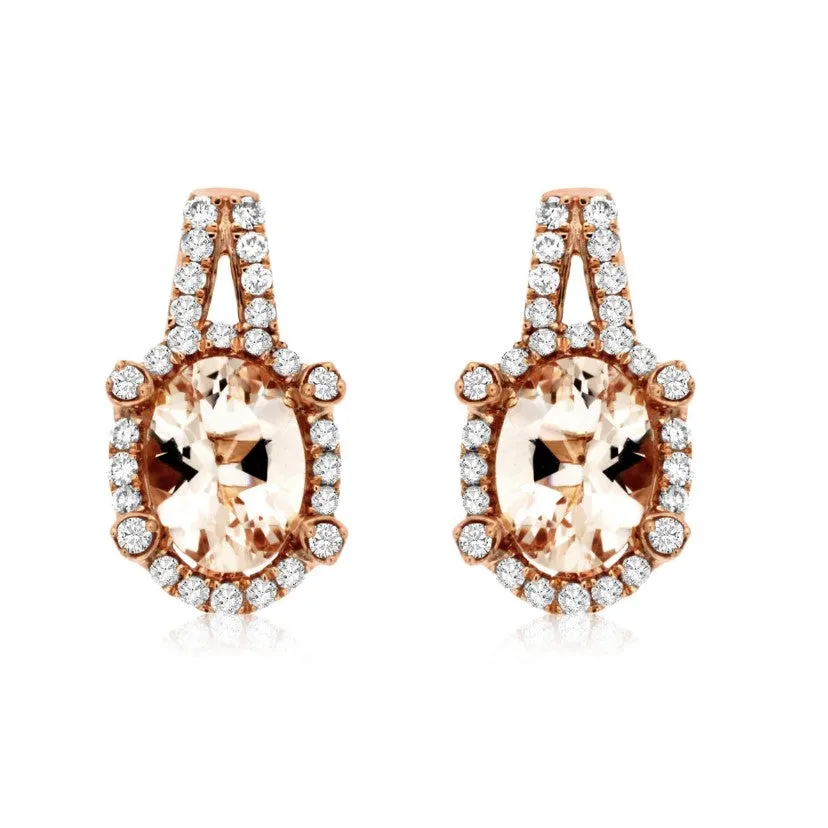 Oval Morganite and Diamond Halo Drop Earrings
