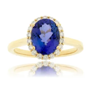 Oval Tanzanite & Diamond Halo Yellow Gold Ring