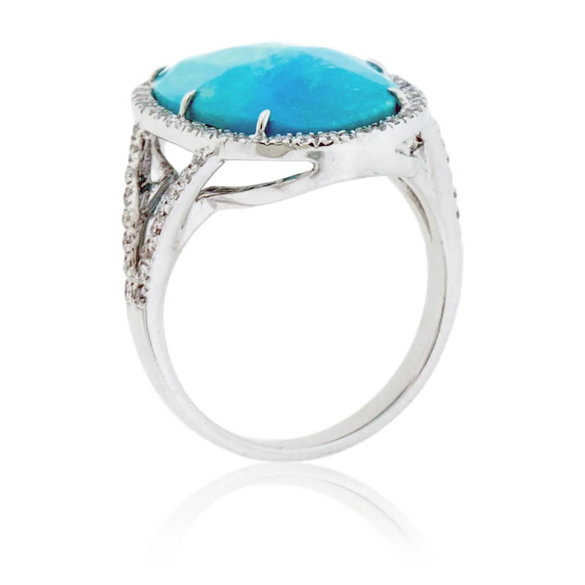 Oval Turquoise Cabochon & Diamond Halo Split Shank Ring