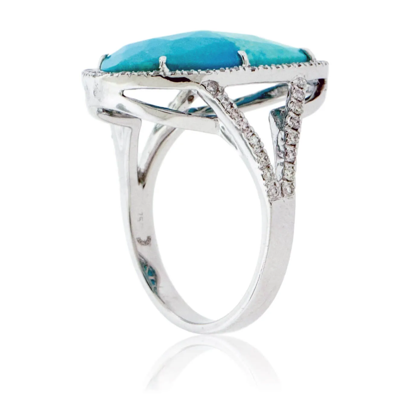 Oval Turquoise Cabochon & Diamond Halo Split Shank Ring