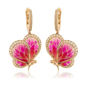 Pink Enamel Butterfly & Diamond Dangle Earrings