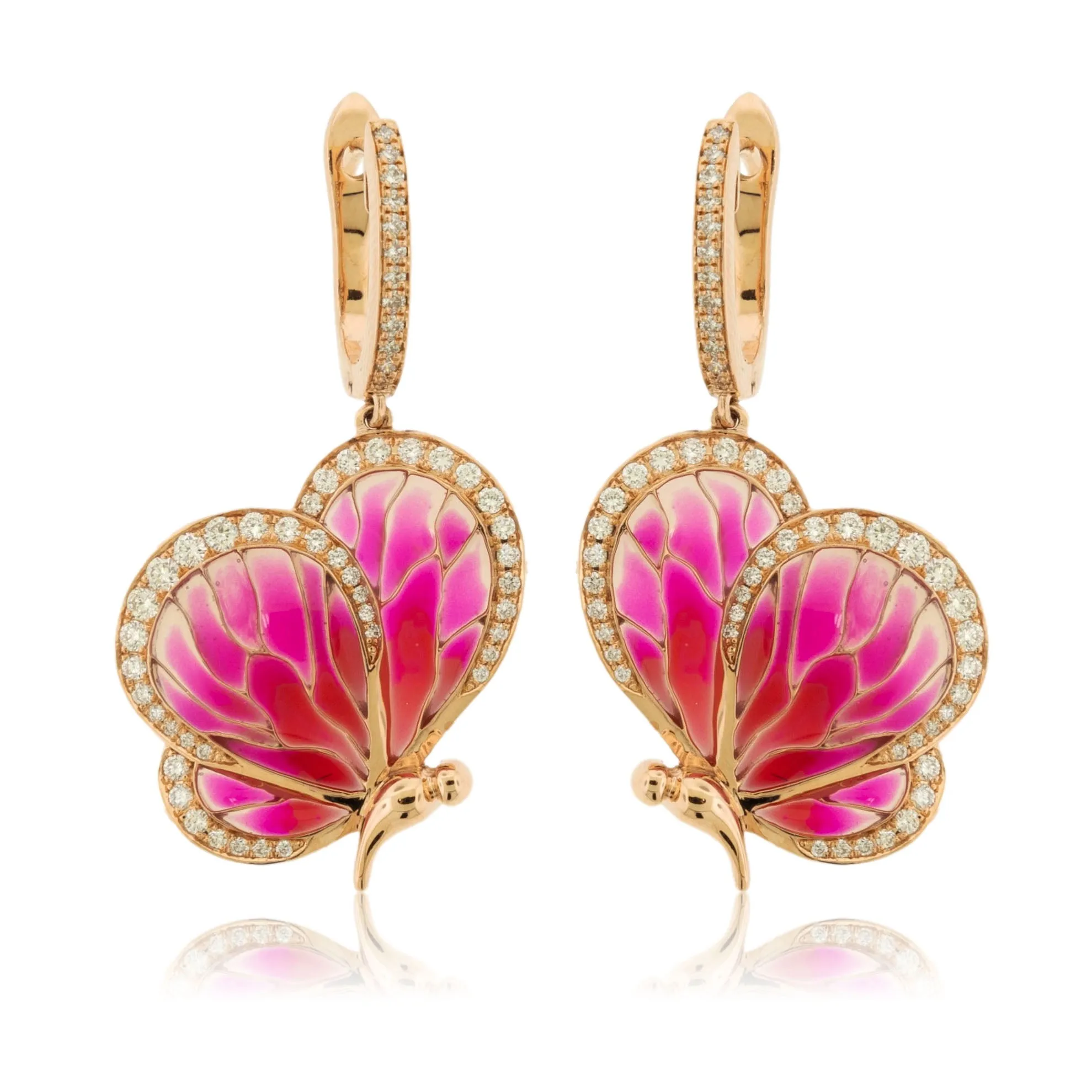 Pink Enamel Butterfly & Diamond Dangle Earrings