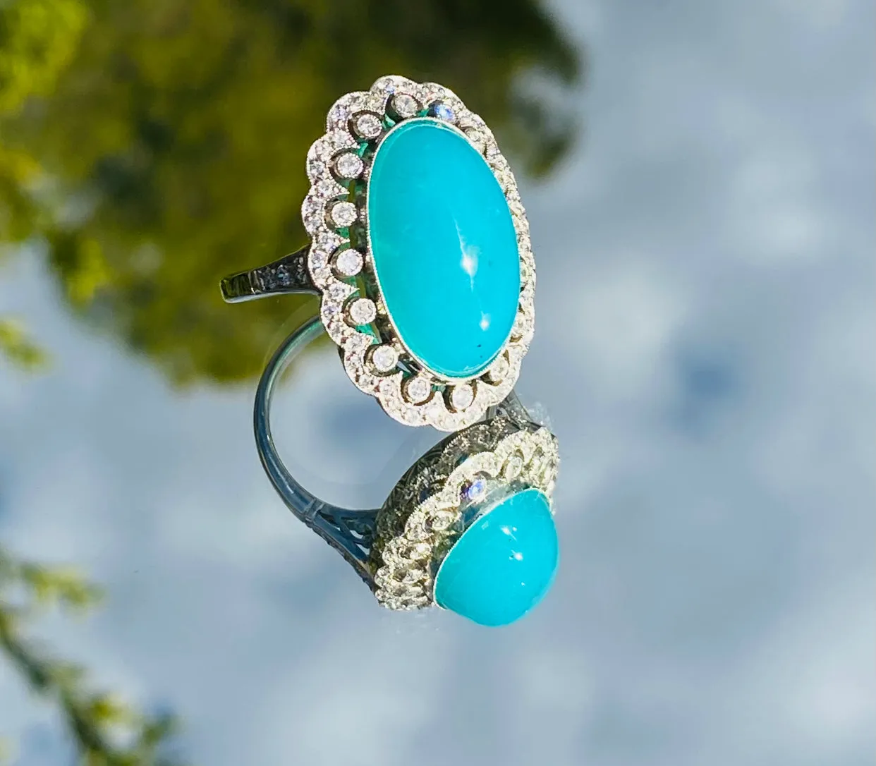 Platinum Blue Opal & Diamond Ring