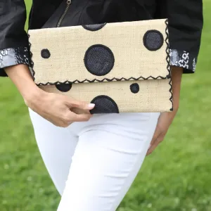 Polka Dot Straw Envelope Clutch Purse in Black,  Fuschia and Turquoise