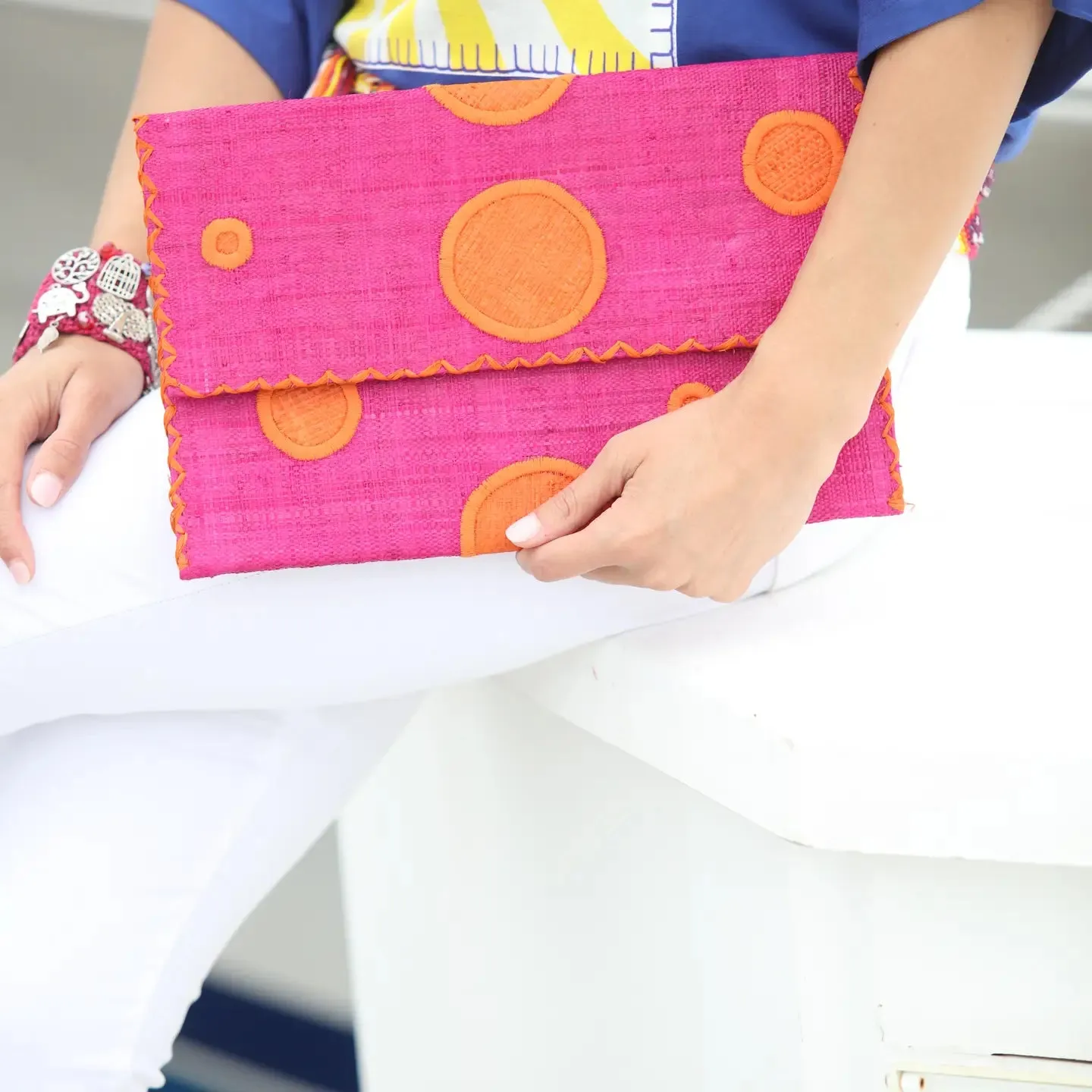 Polka Dot Straw Envelope Clutch Purse in Black,  Fuschia and Turquoise