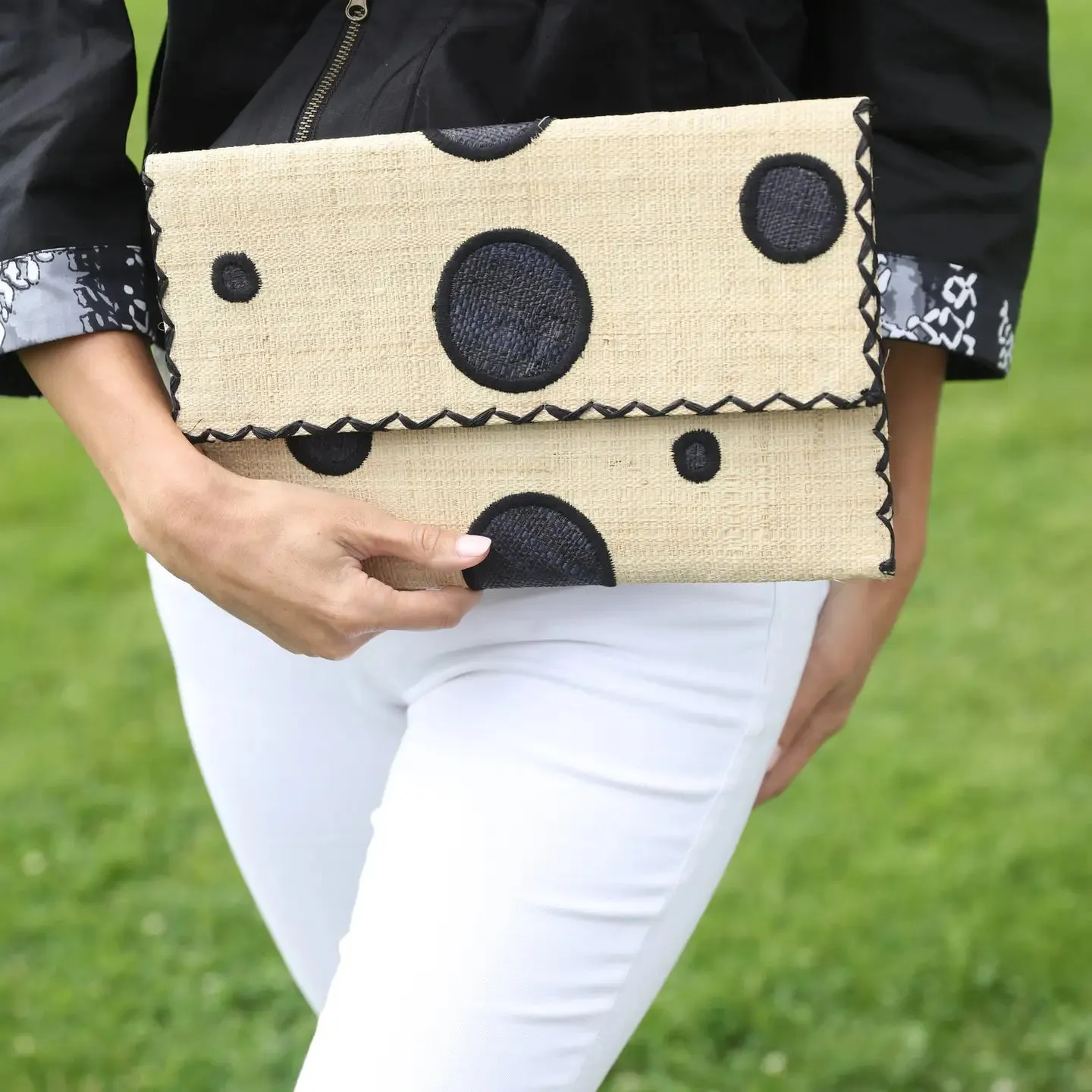 Polka Dot Straw Envelope Clutch Purse in Black,  Fuschia and Turquoise