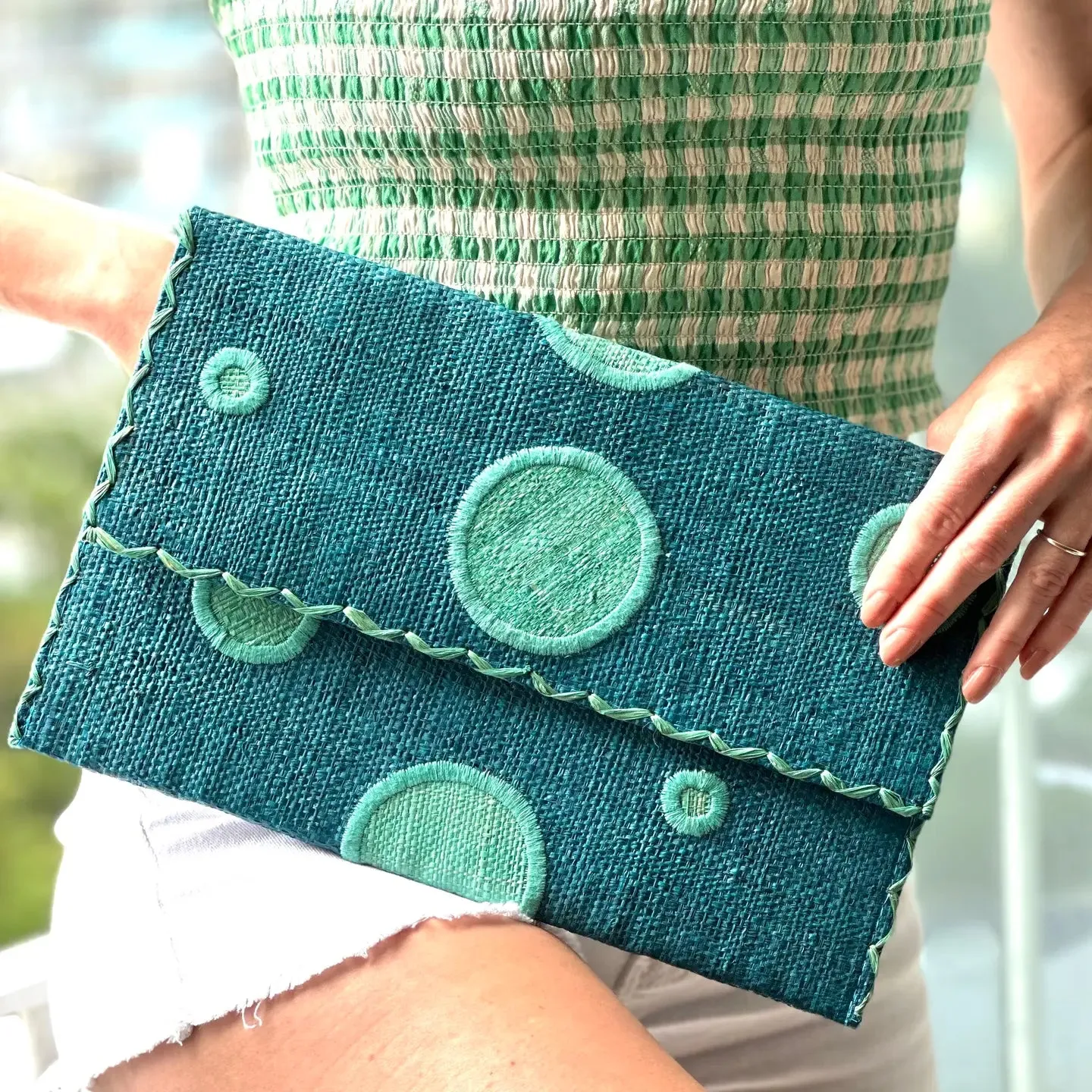Polka Dot Straw Envelope Clutch Purse in Black,  Fuschia and Turquoise