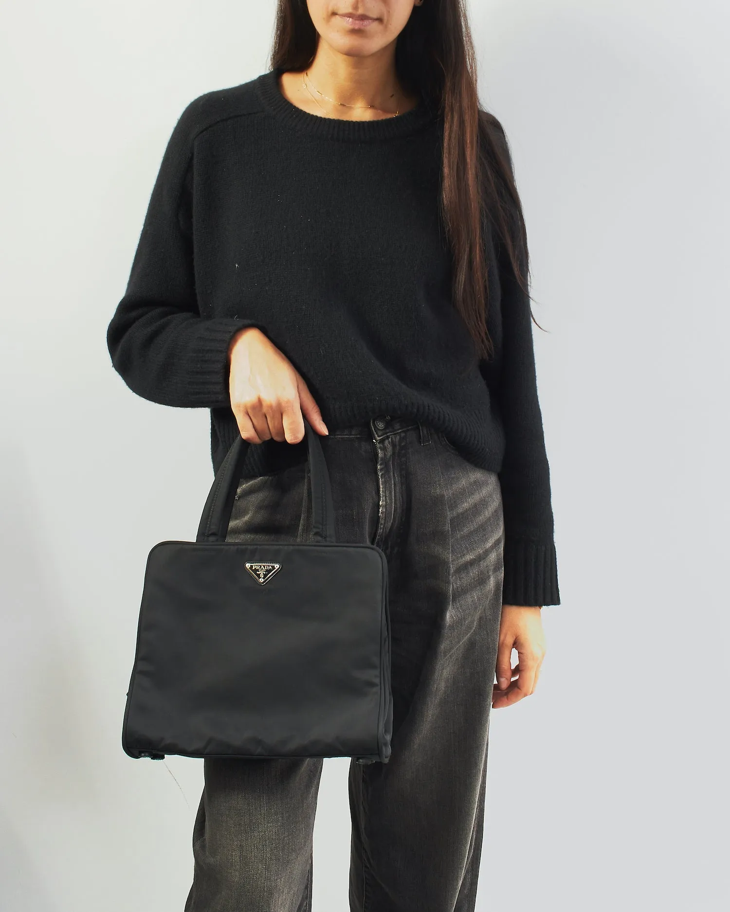 Prada Black Nylon Tessuto Top Handle B8497 Compartment Bag