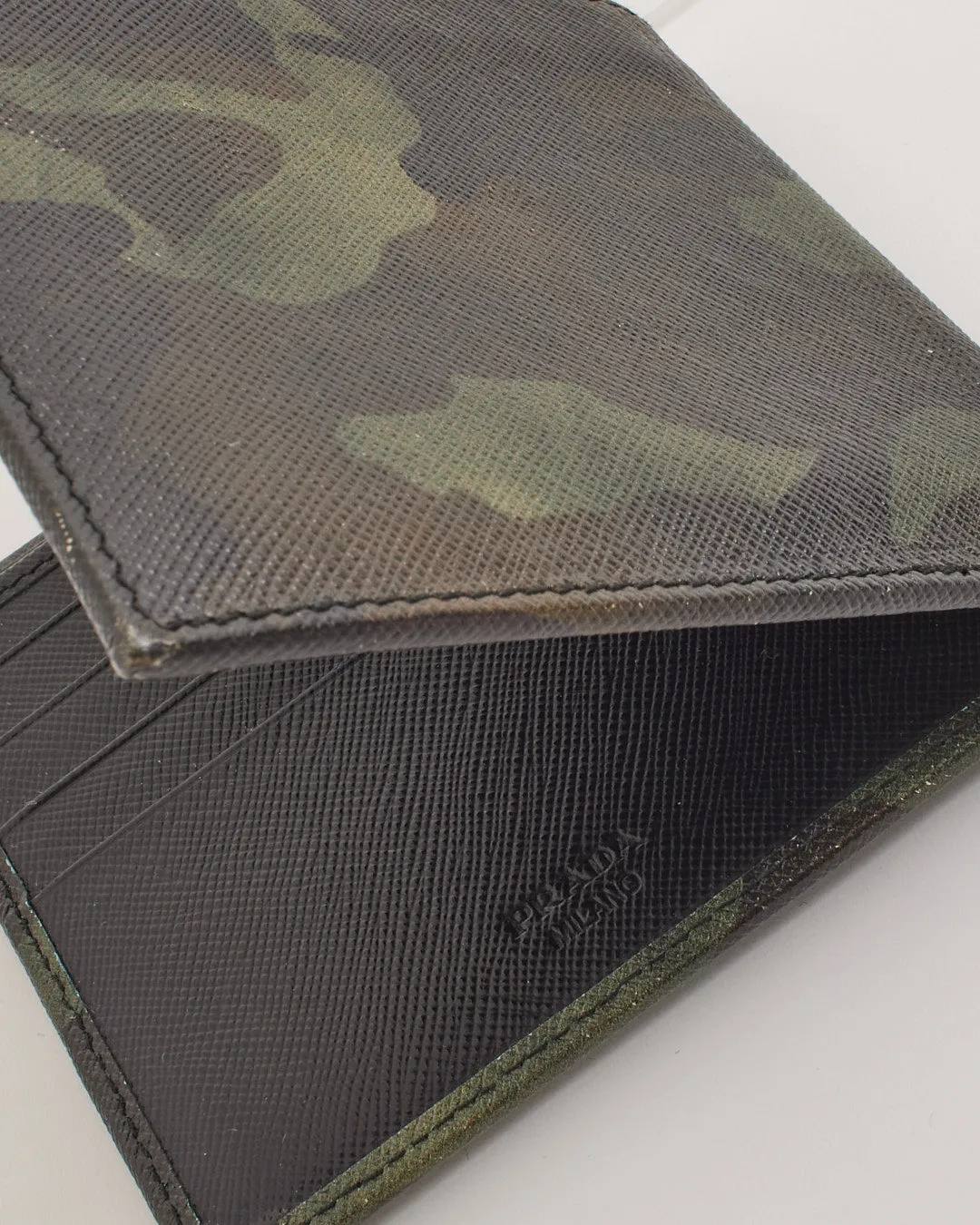 Prada Green Camo Saffiano Leather Bi-Fold Wallet