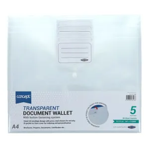 Premier Office A4 Clear Bag Button Wallets - Pack 5