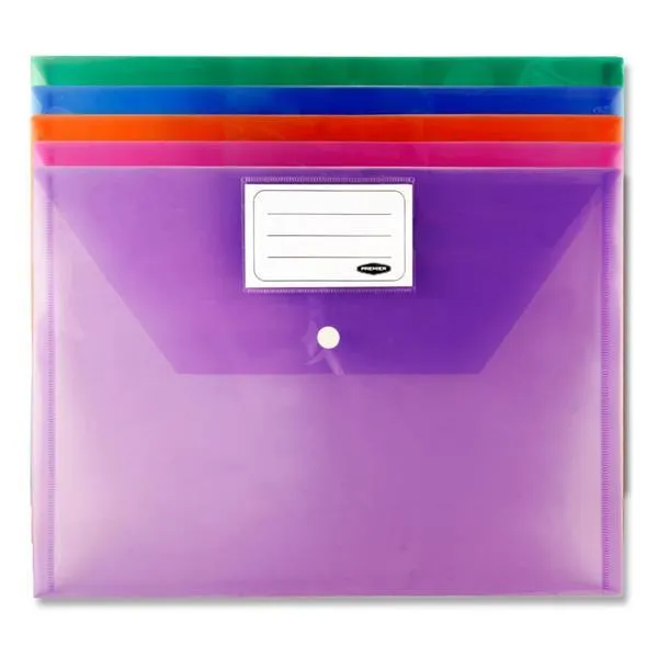 Premier Office Packet of 5 A4 Button Wallets - Coloured