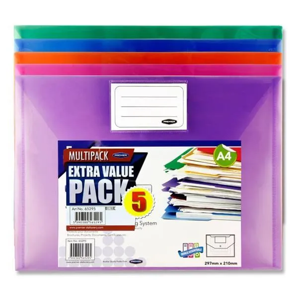 Premier Office Packet of 5 A4 Button Wallets - Coloured