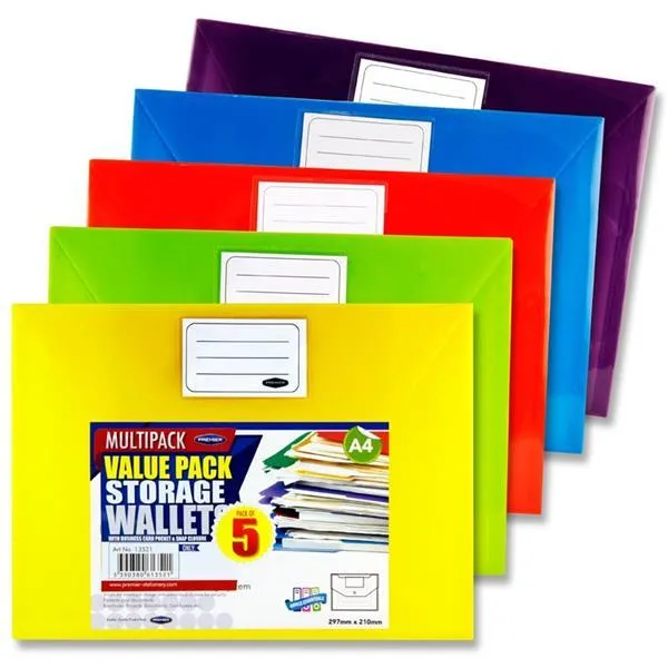 Premier Premtone Packet of 5 X A4 Button Storage Wallets