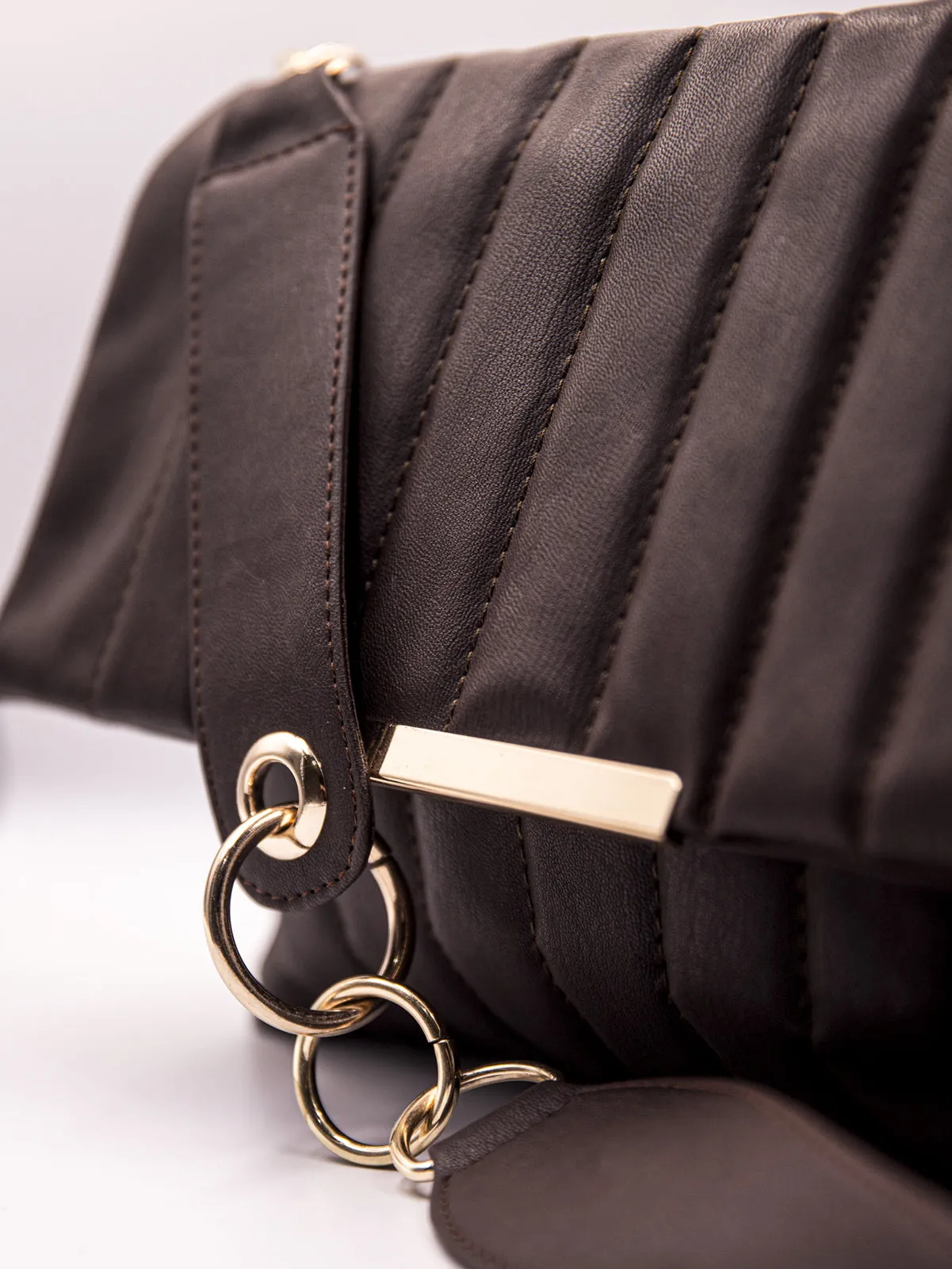 Quilted Pattern Flap Slouch Bag With Link Chain Strap - Dark Brown - FD ⚡
