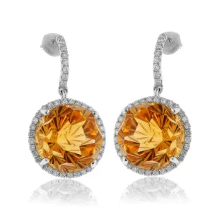 Round Daisy Cut Citrine Dangle Earrings with Diamond Halo