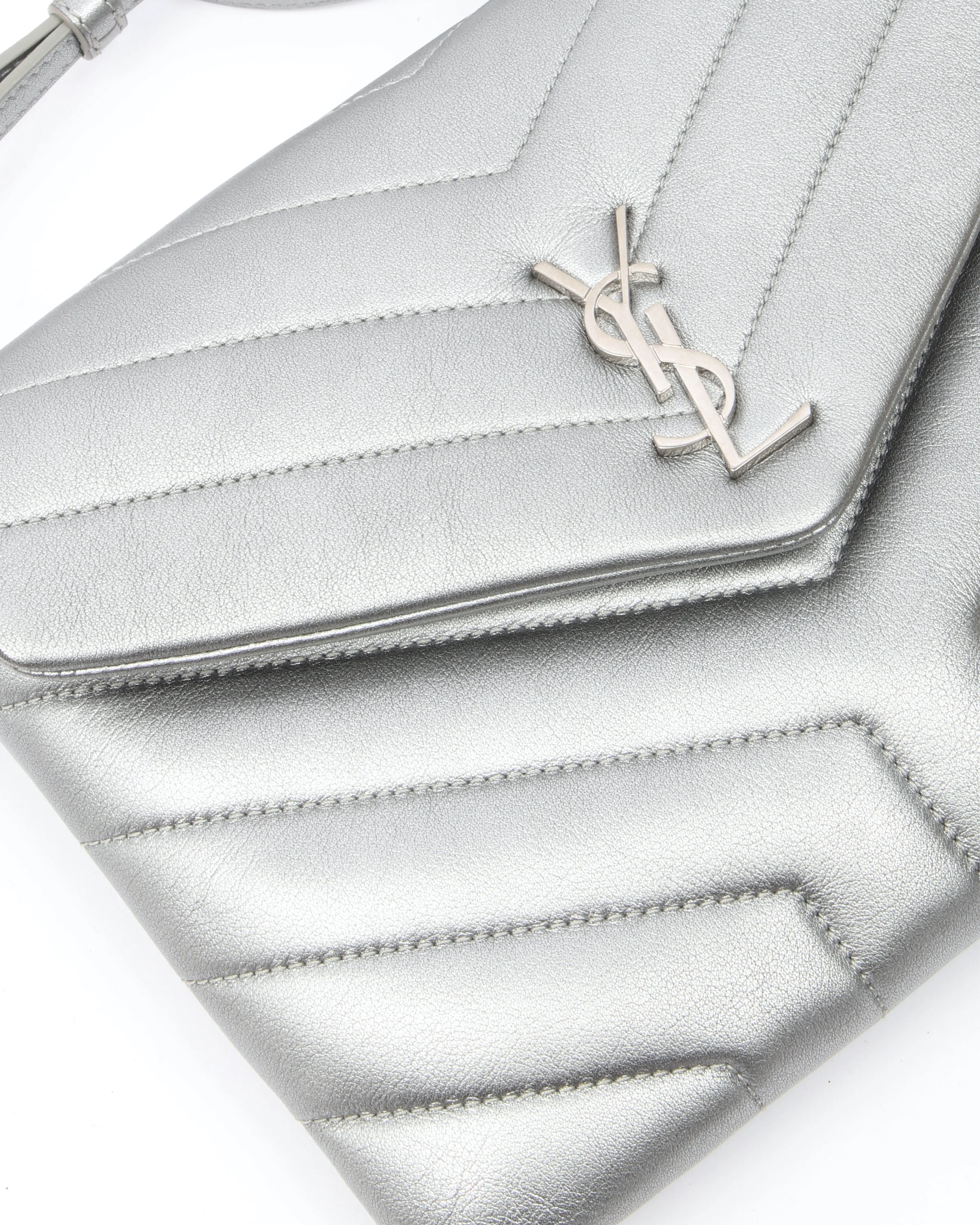 Saint Laurent Silver Chevron Leather Envelope Crossbody Bag