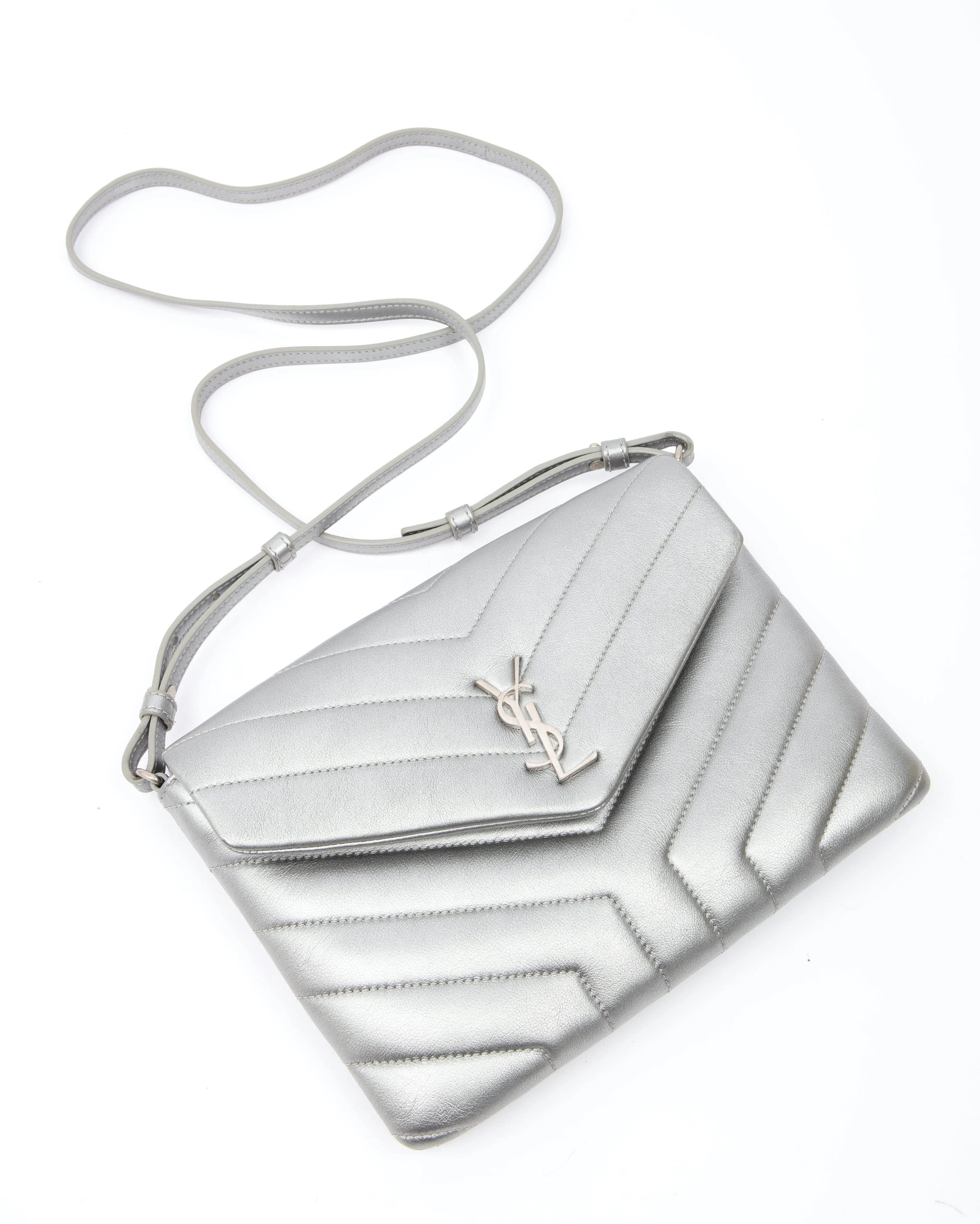 Saint Laurent Silver Chevron Leather Envelope Crossbody Bag