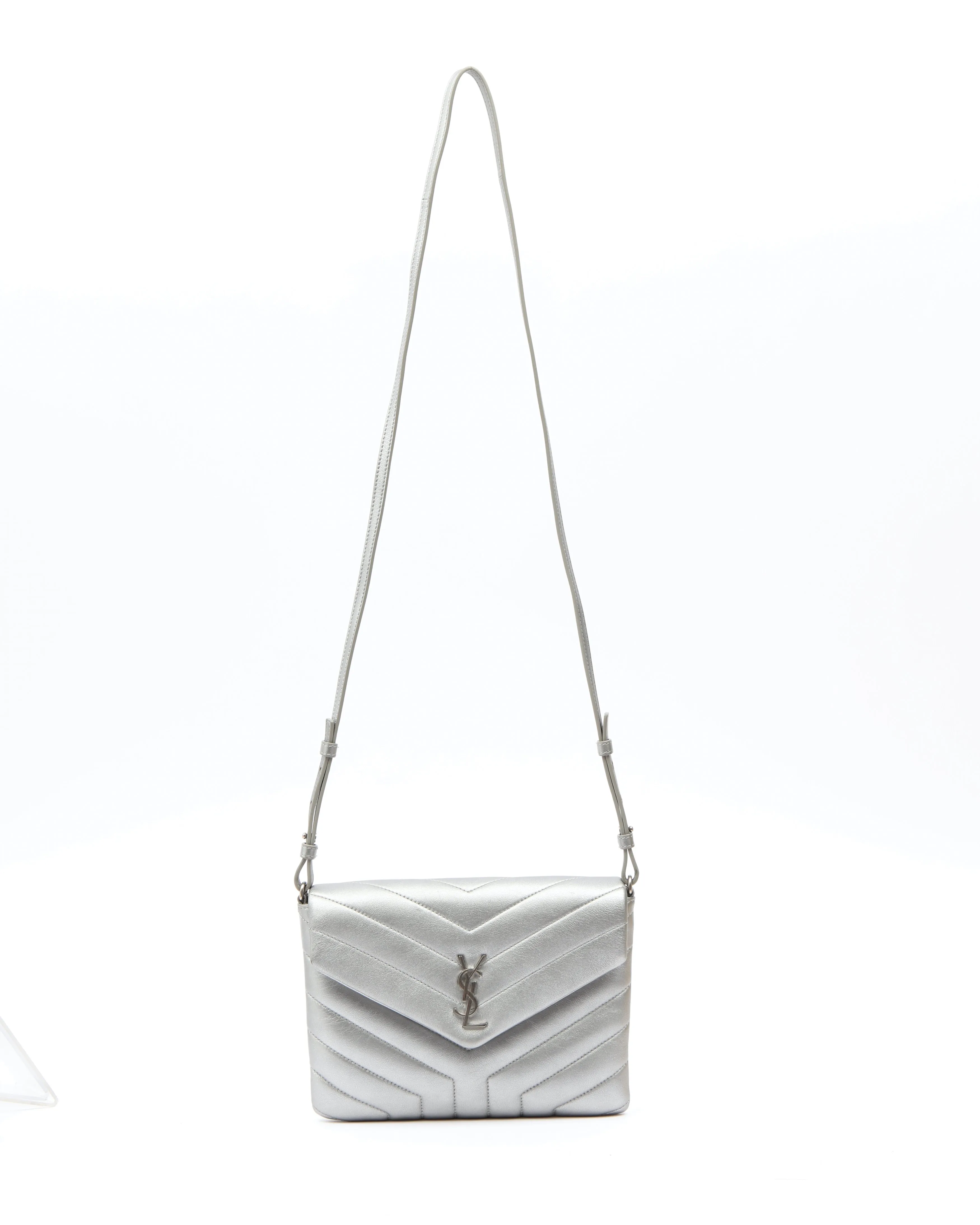 Saint Laurent Silver Chevron Leather Envelope Crossbody Bag