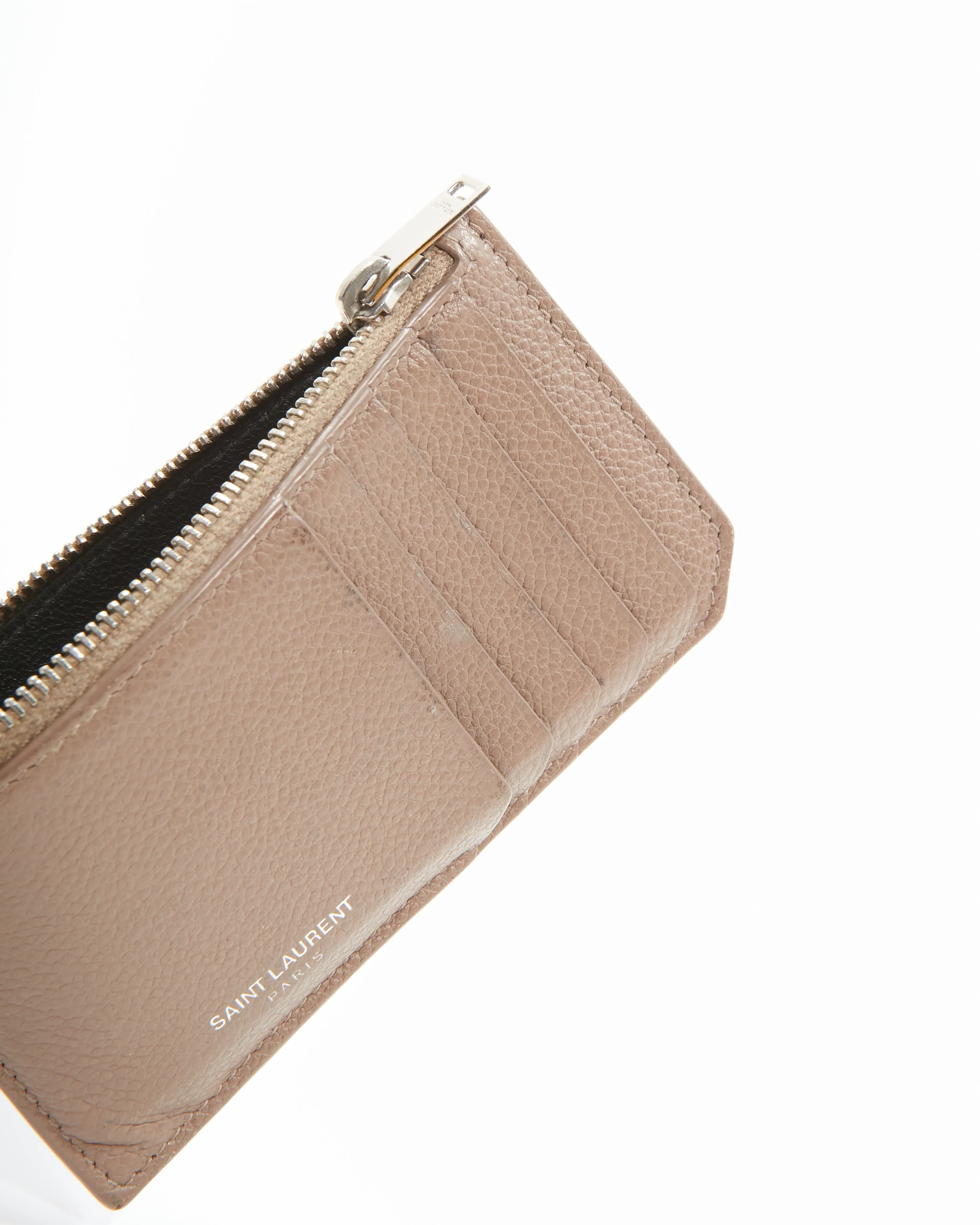 Saint Laurent Taupe Leather Zip Card Holder