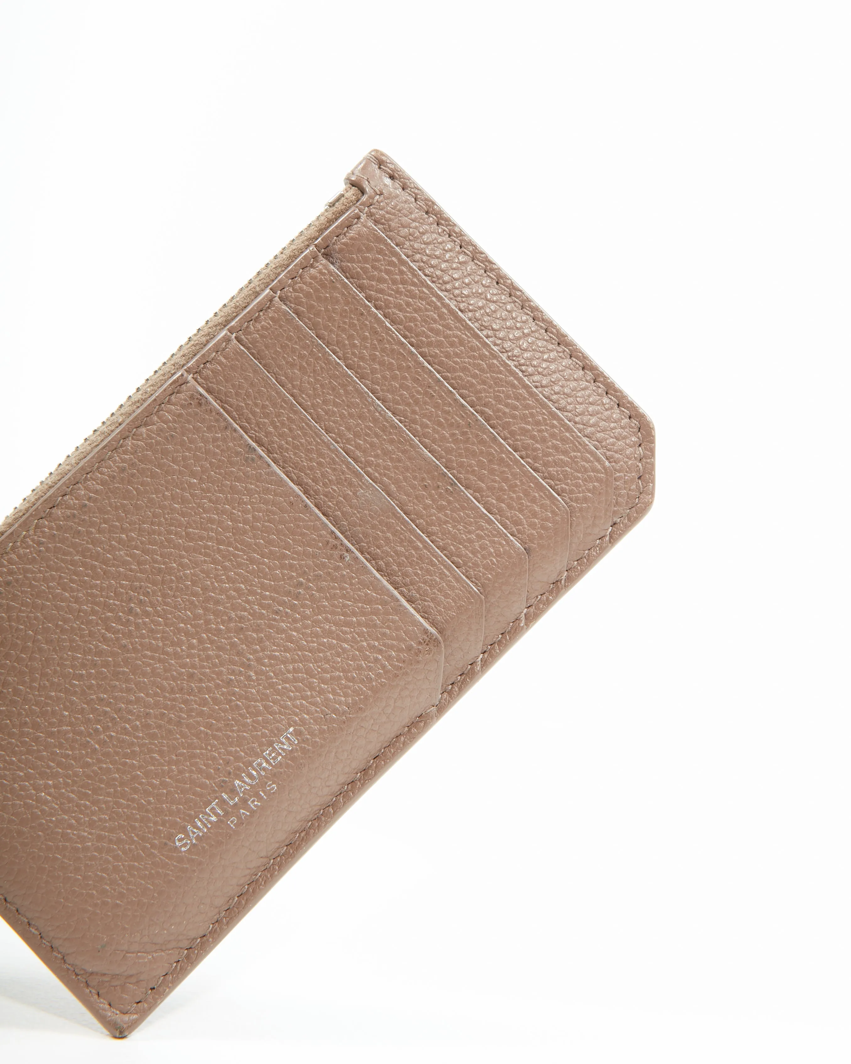 Saint Laurent Taupe Leather Zip Card Holder