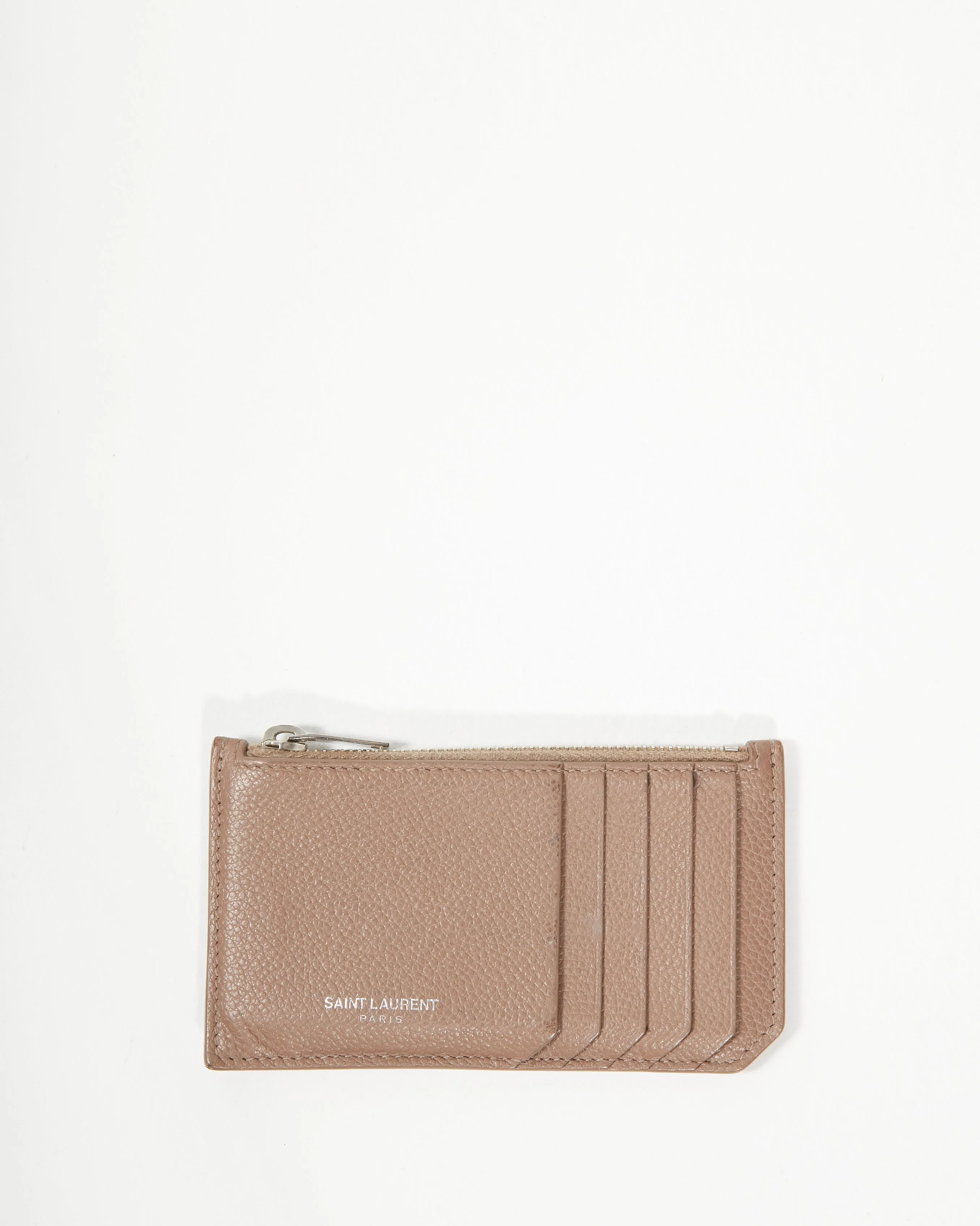 Saint Laurent Taupe Leather Zip Card Holder