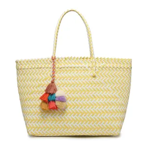 Shelby Large Handwoven Tote w/ Pom-Poms-Yellow