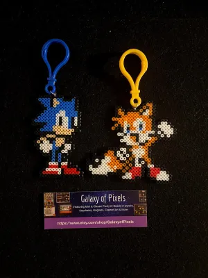 Sonic,Tails, Knuckles & Super Sonic Clips or Magnets, Perler, Perfect for Backpacks, Lockers, Party Favors, Purses, Bags, Back to School