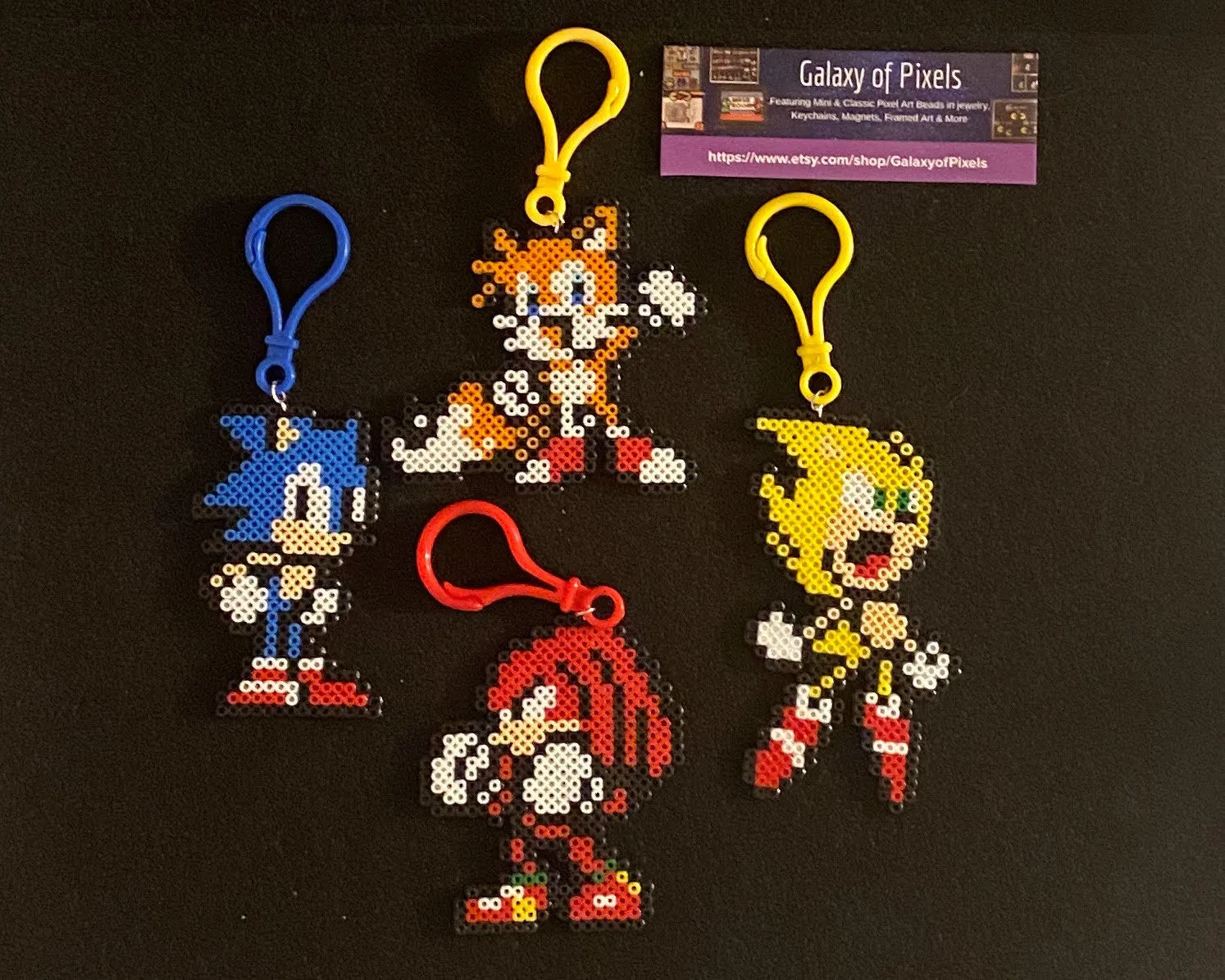 Sonic,Tails, Knuckles & Super Sonic Clips or Magnets, Perler, Perfect for Backpacks, Lockers, Party Favors, Purses, Bags, Back to School