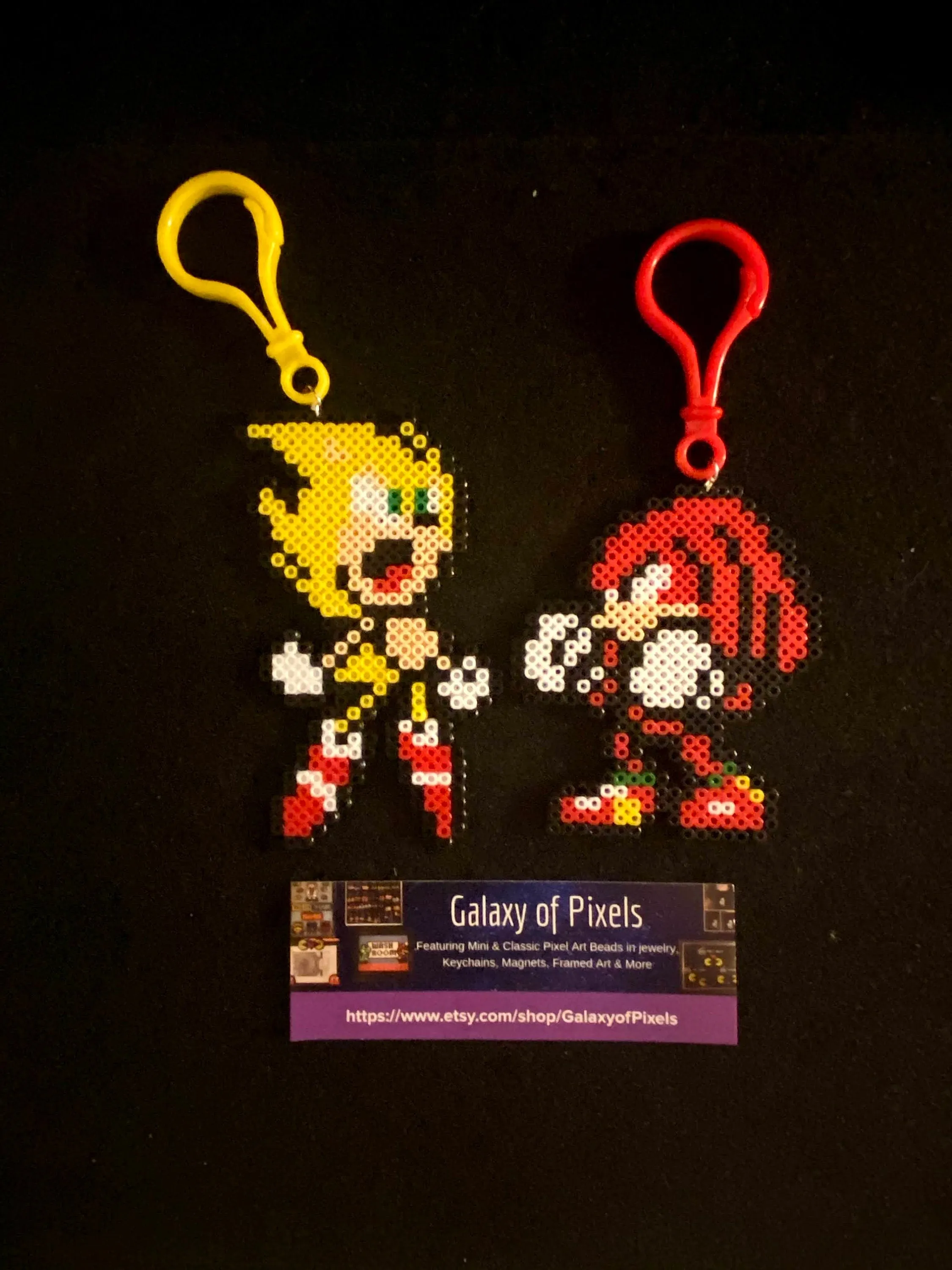 Sonic,Tails, Knuckles & Super Sonic Clips or Magnets, Perler, Perfect for Backpacks, Lockers, Party Favors, Purses, Bags, Back to School