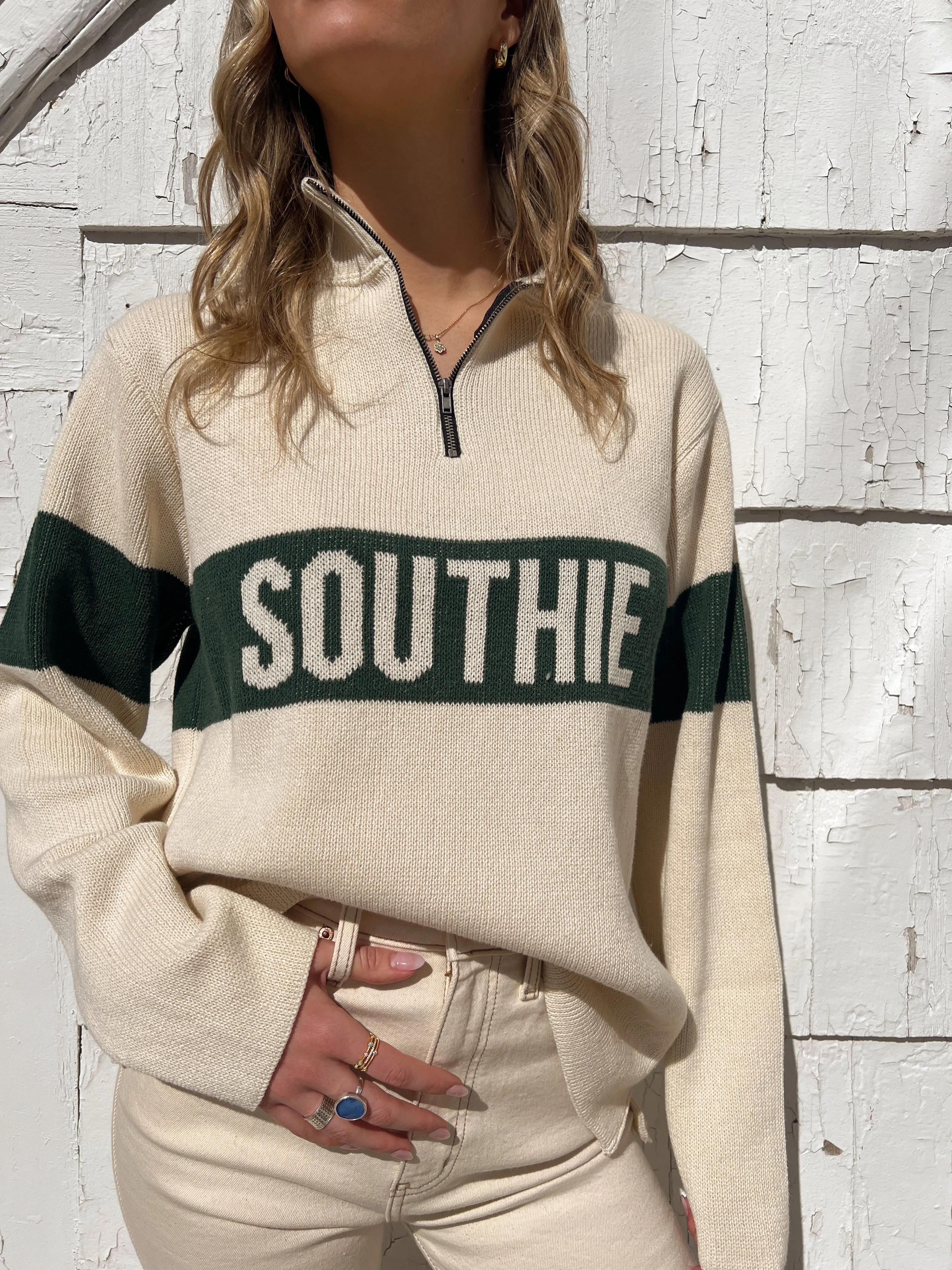 Southie Quarter Zip Sweater - Natural/ Hunter Green