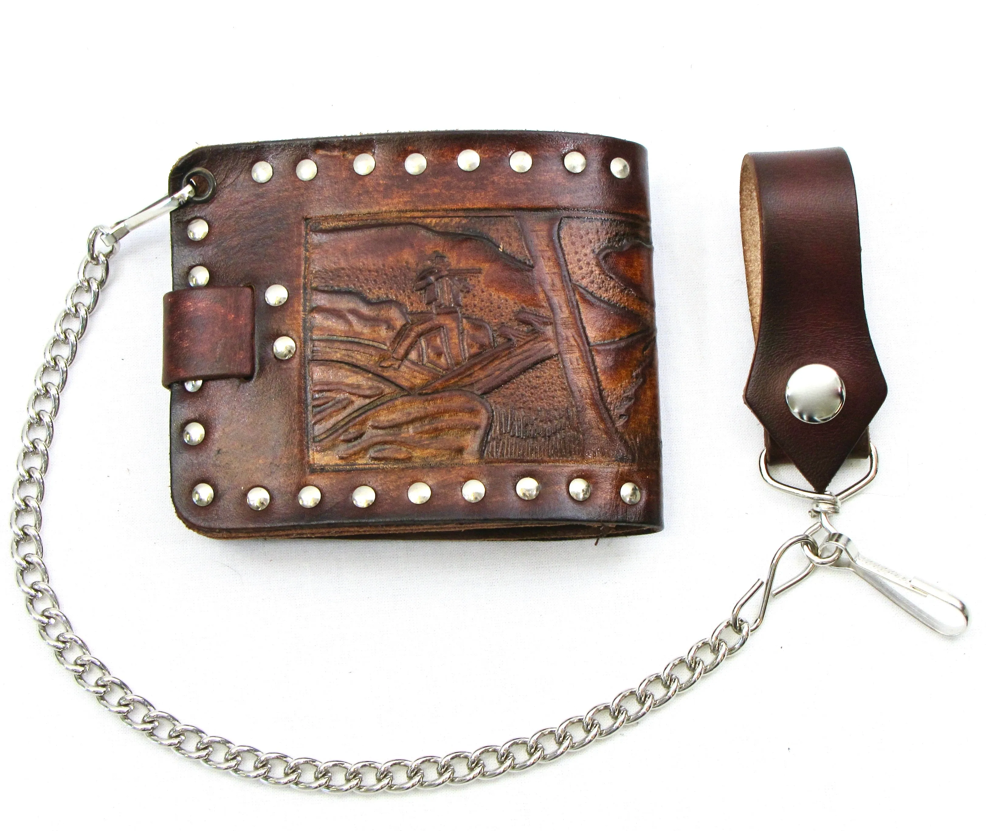 Studded Antique Finish Billfold w/Chain-Deer