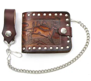 Studded Antique Finish Billfold w/Chain-Deer