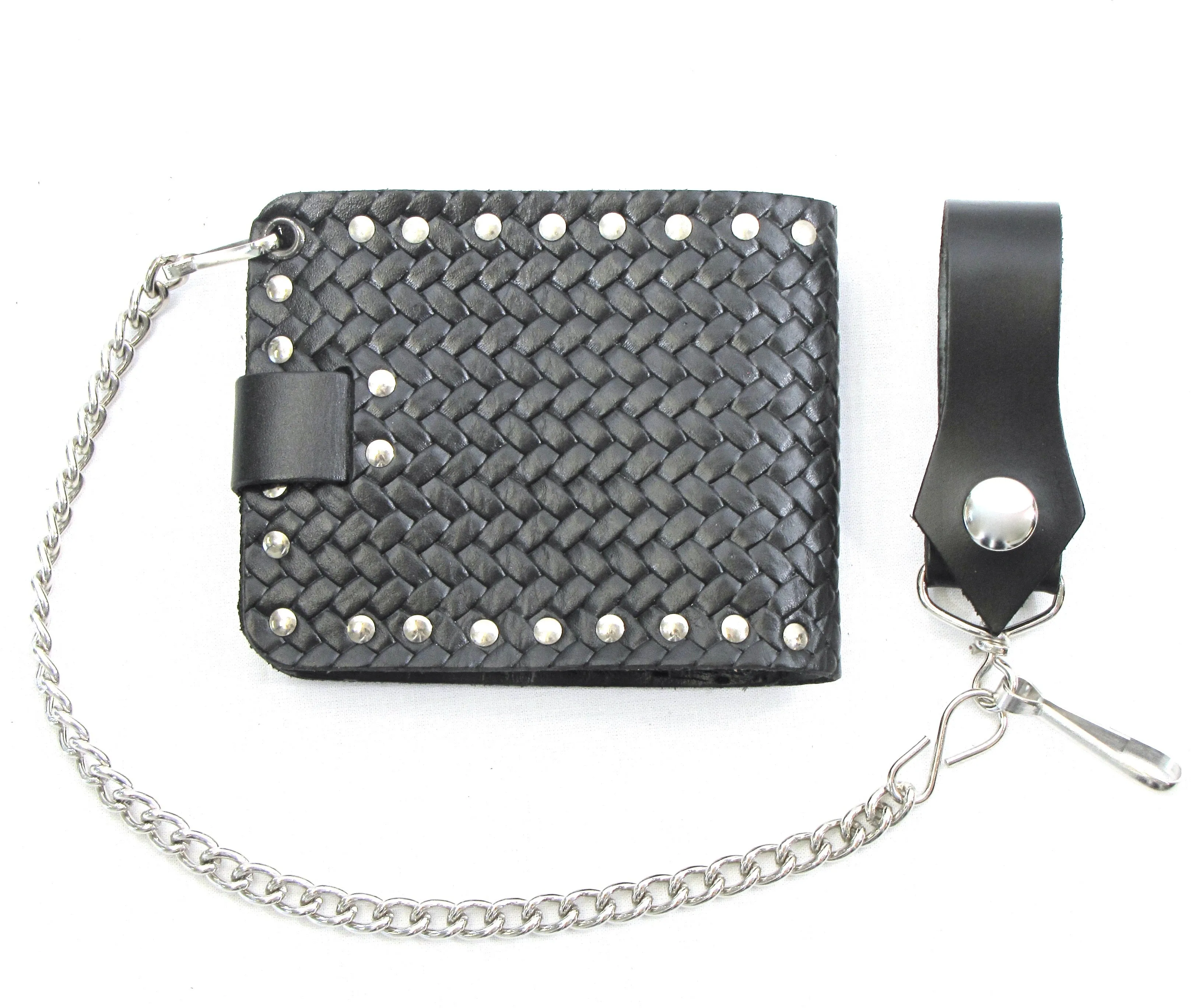 Studded Black Billfold w/Chain- Basket Weave