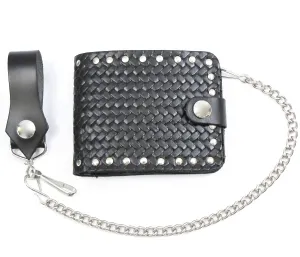 Studded Black Billfold w/Chain- Basket Weave