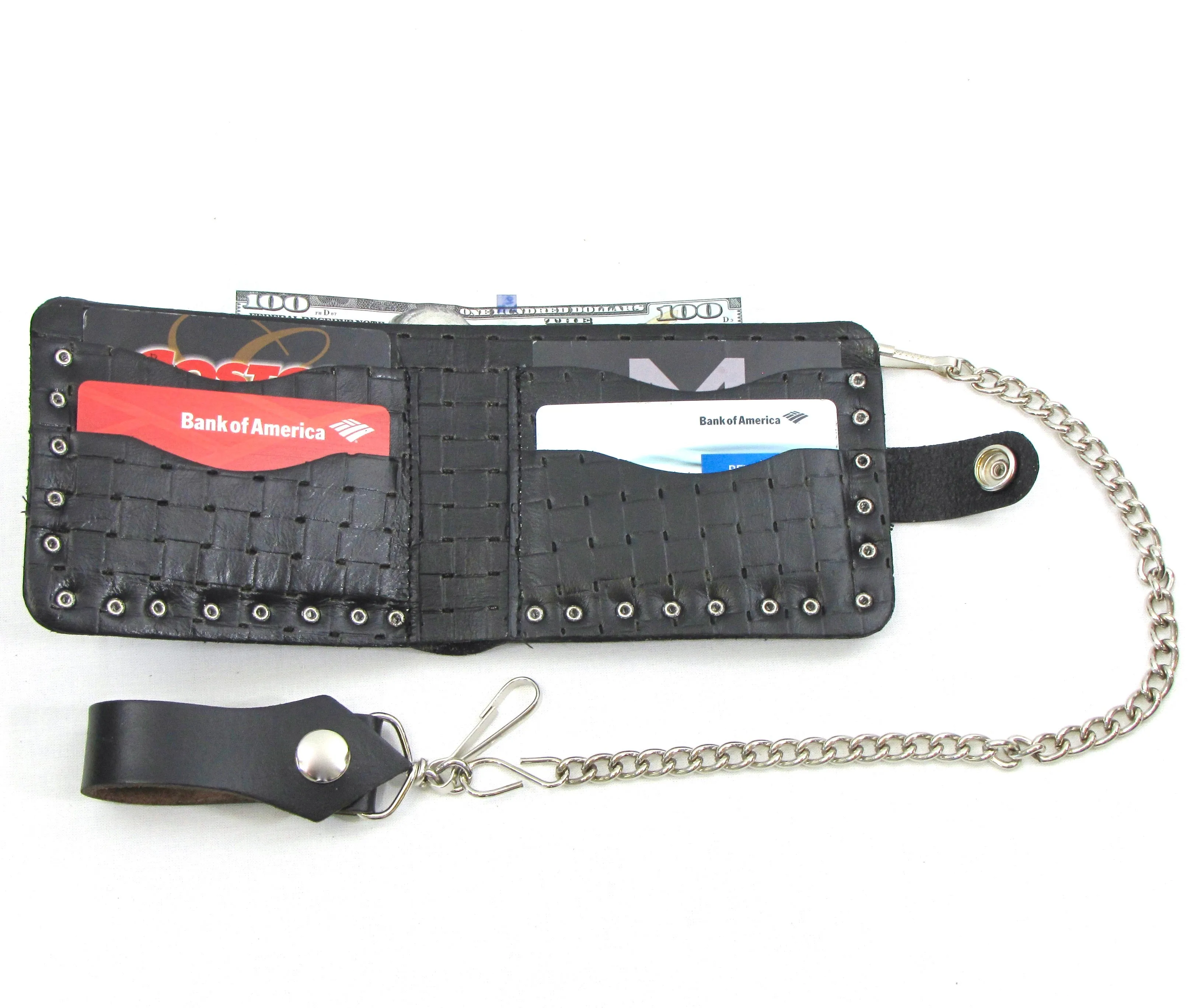 Studded Black Billfold w/Chain- Basket Weave