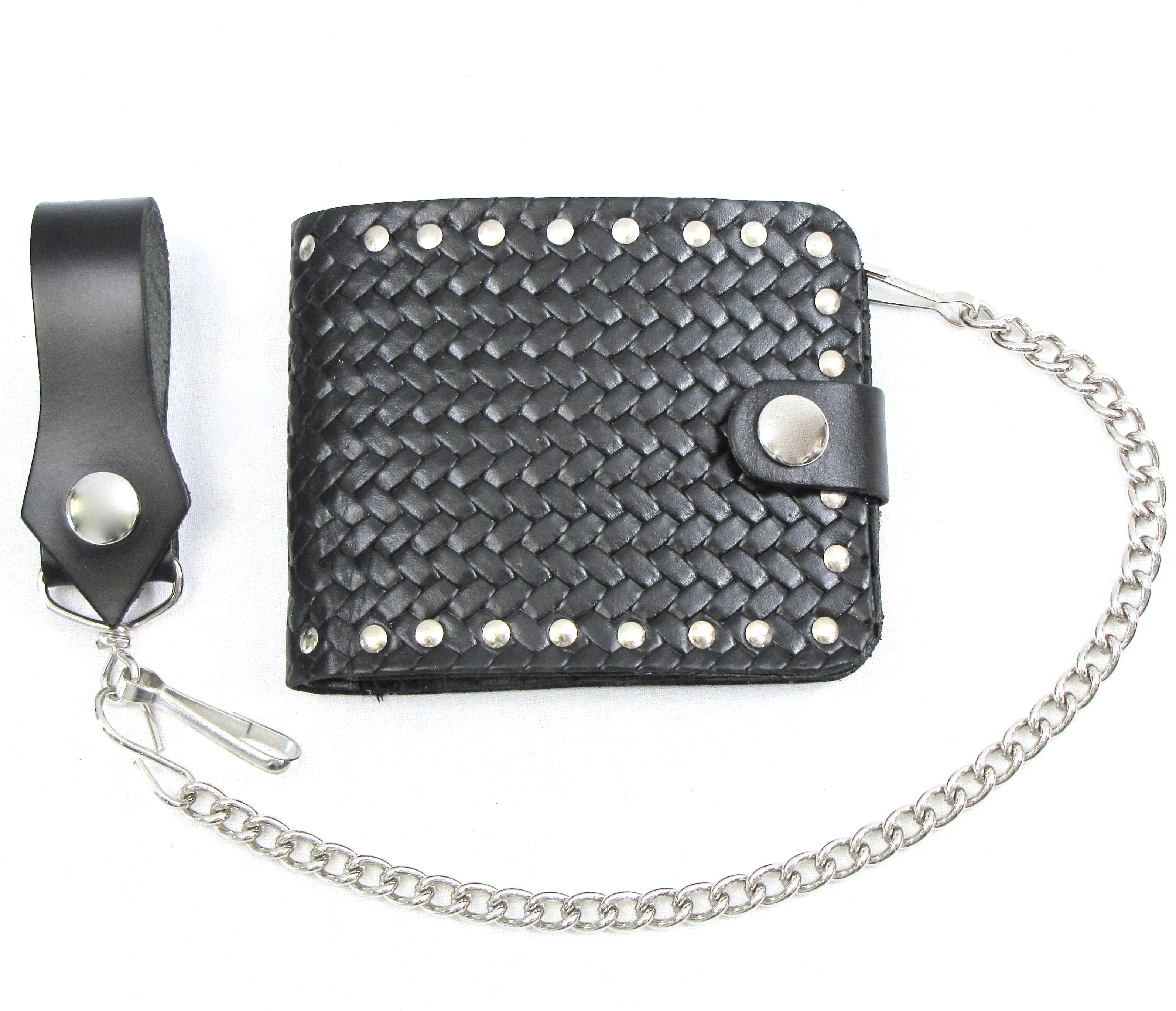 Studded Black Billfold w/Chain- Basket Weave