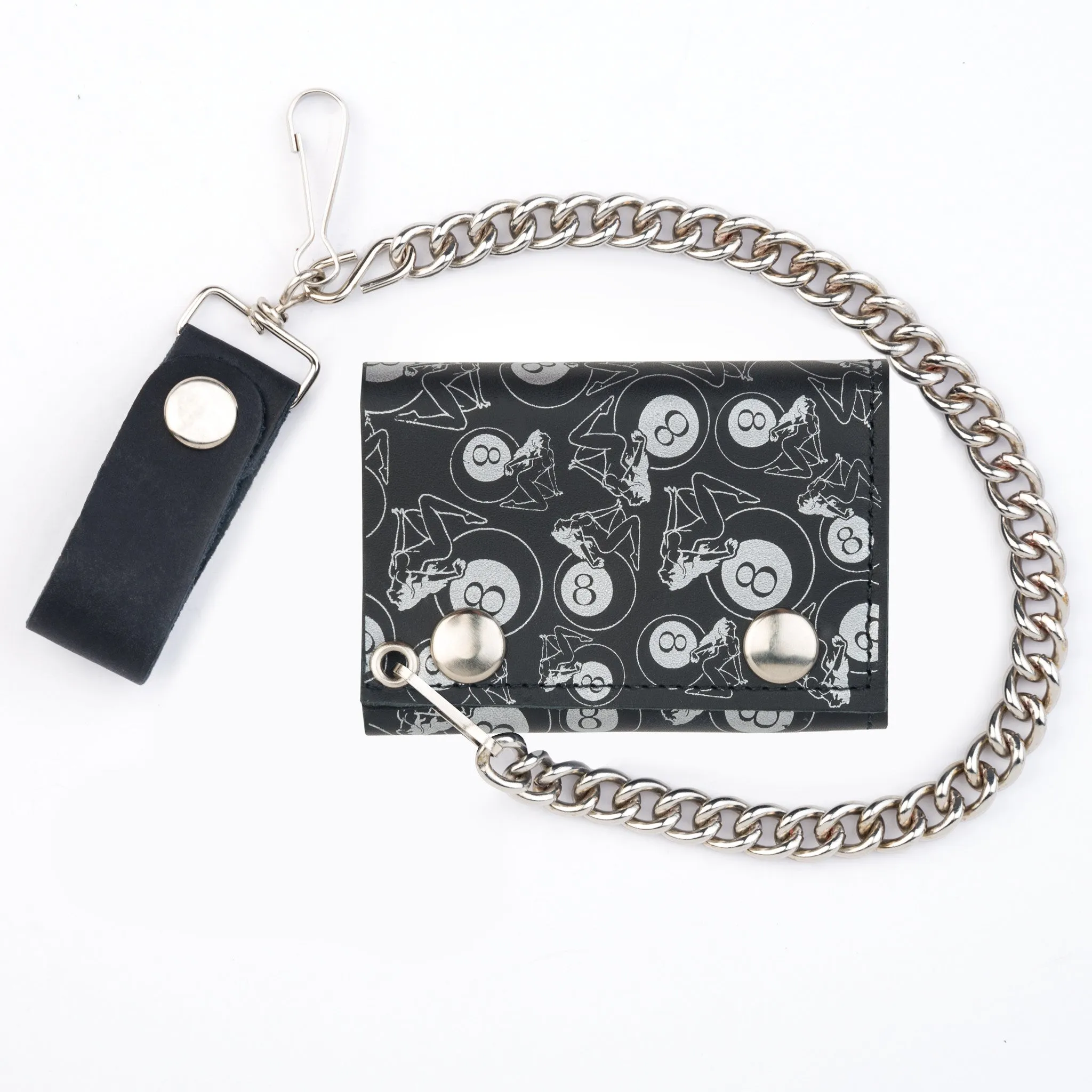 TC304-157X  Tri-Fold Wallet w/ Chain- Multi-Girl w/ 8-Ball
