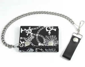 TC304-209  Tri-Fold Wallet w/ Chain- Spiderweb/Skulls