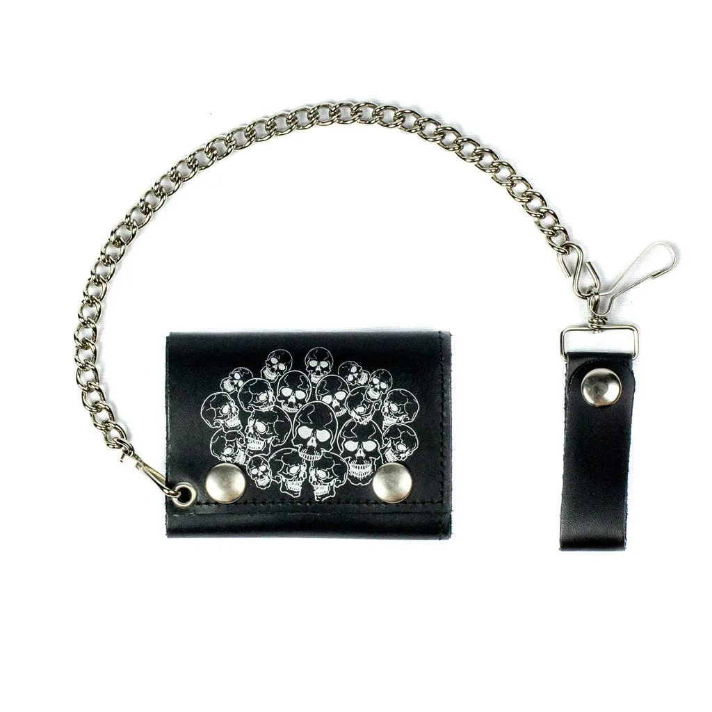 TC304-212  Tri-Fold Wallet w/ Chain- Multi-Skulls