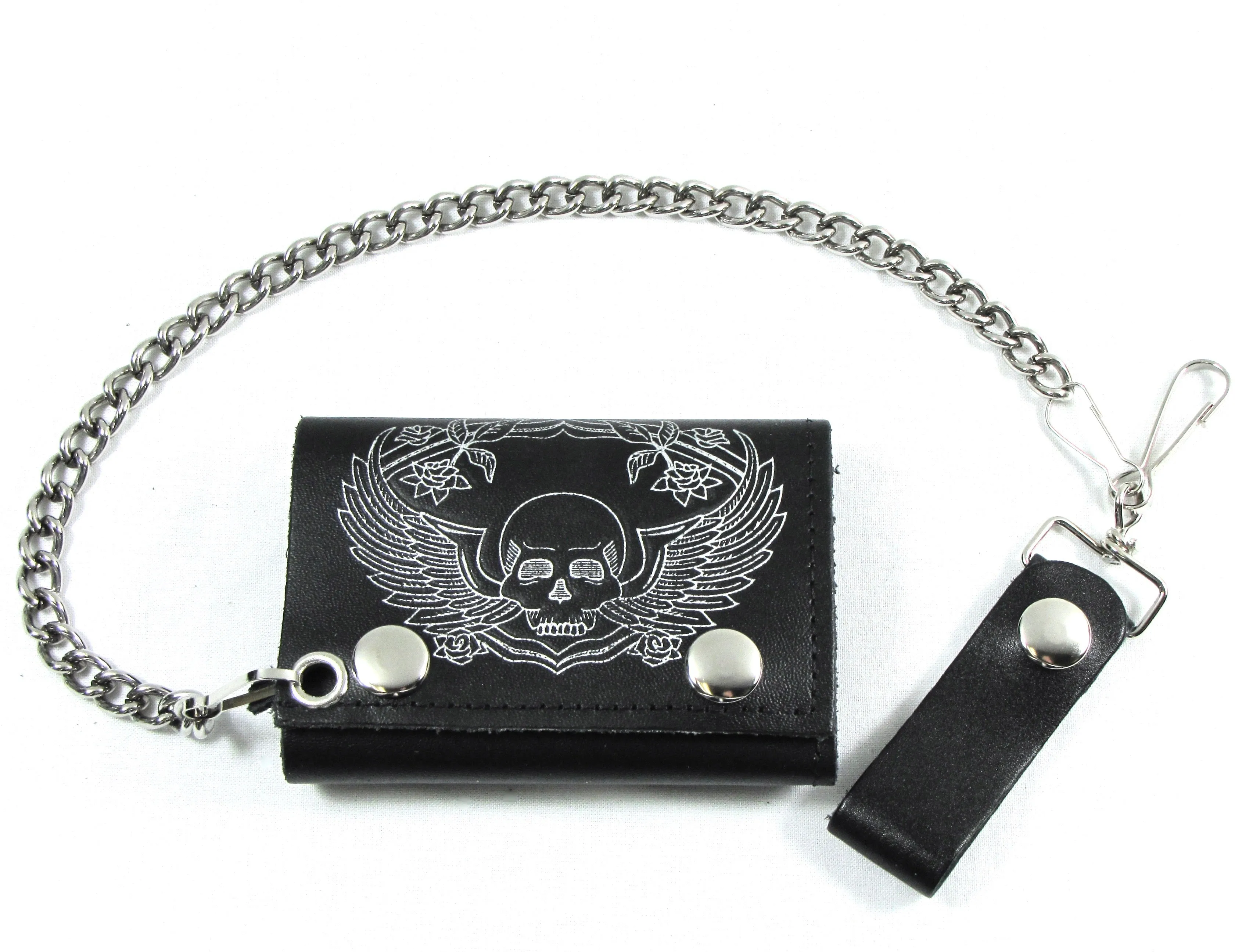 TC304-34 Tri-Fold Wallet w/ Chain- Skull Wings