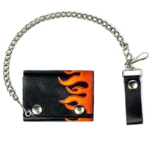 tc304C-130o  Tri-Fold Wallet w/ Chain- Red Side Flame