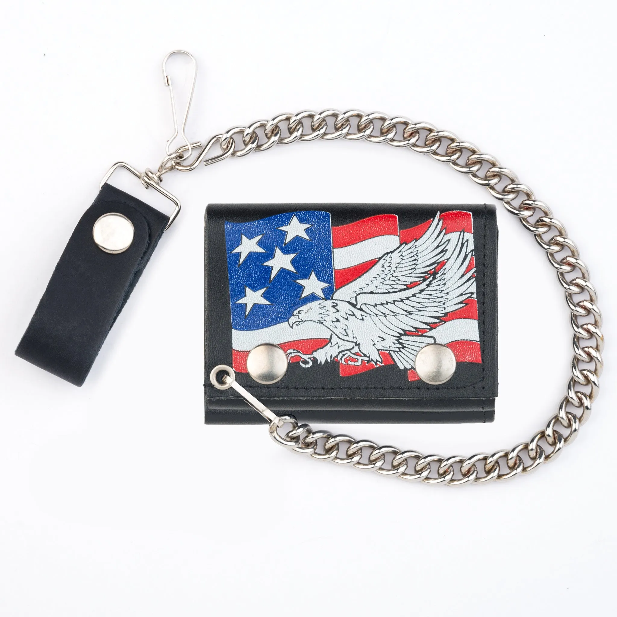 TC304CC-122  Tri-Fold Wallet w/ Chain- Flying Eagle w/ Flag