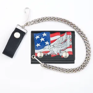 TC304CC-122  Tri-Fold Wallet w/ Chain- Flying Eagle w/ Flag