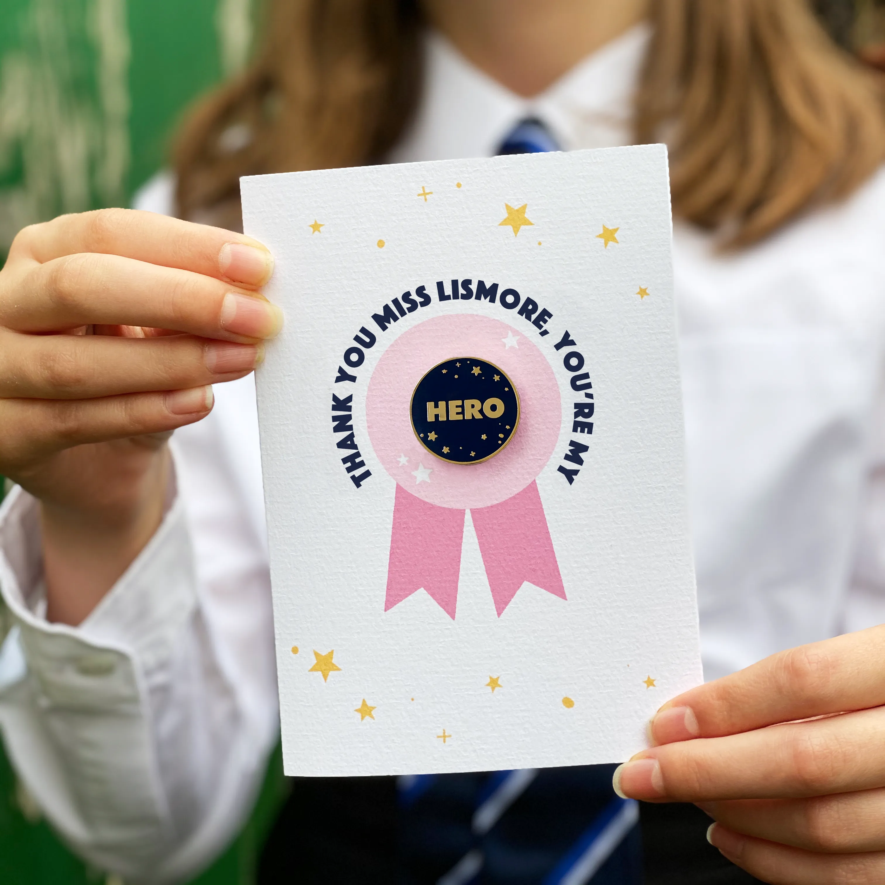 Teacher Hero Award Pin Badge Card