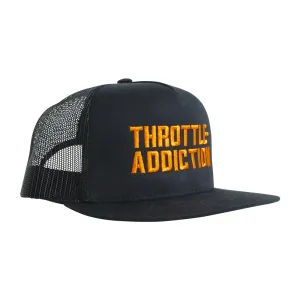 Throttle Addiction - 5 Panel Snap Back Hat - Orange AMF Script - Black