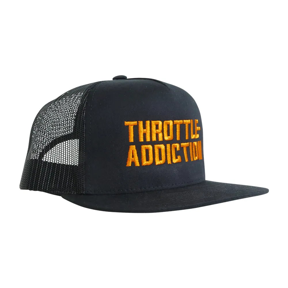 Throttle Addiction - 5 Panel Snap Back Hat - Orange AMF Script - Black